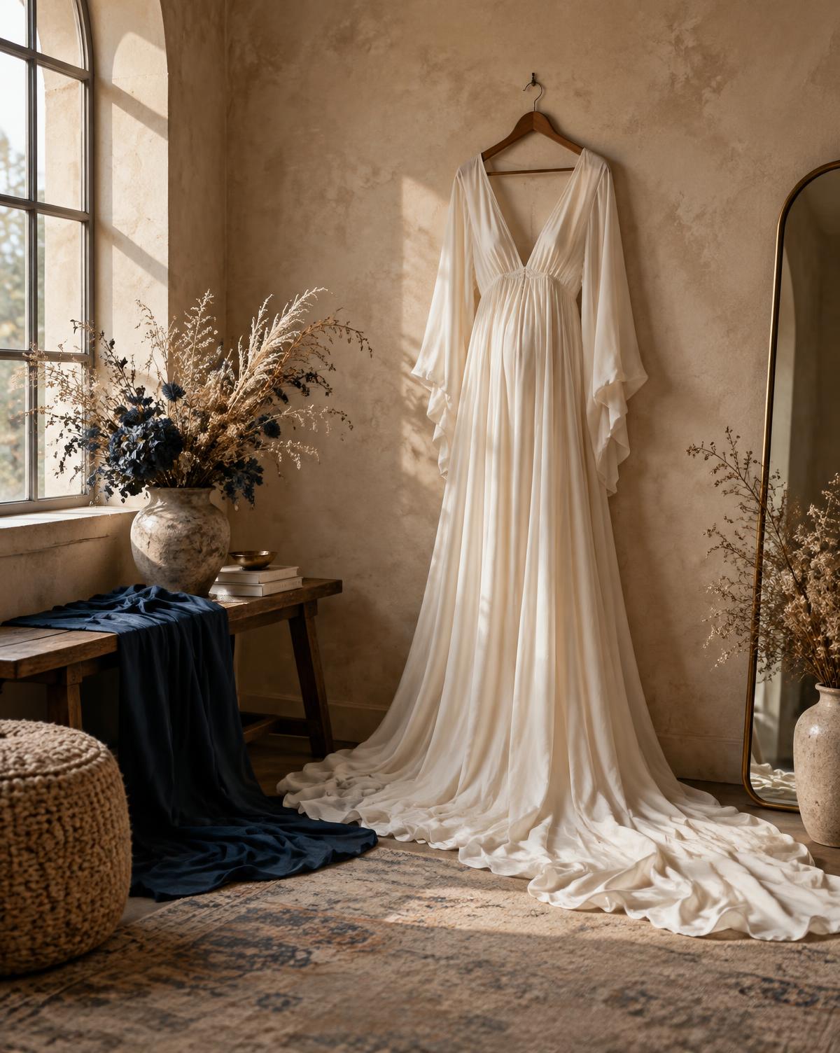 Ivory maternity gown on a hanger