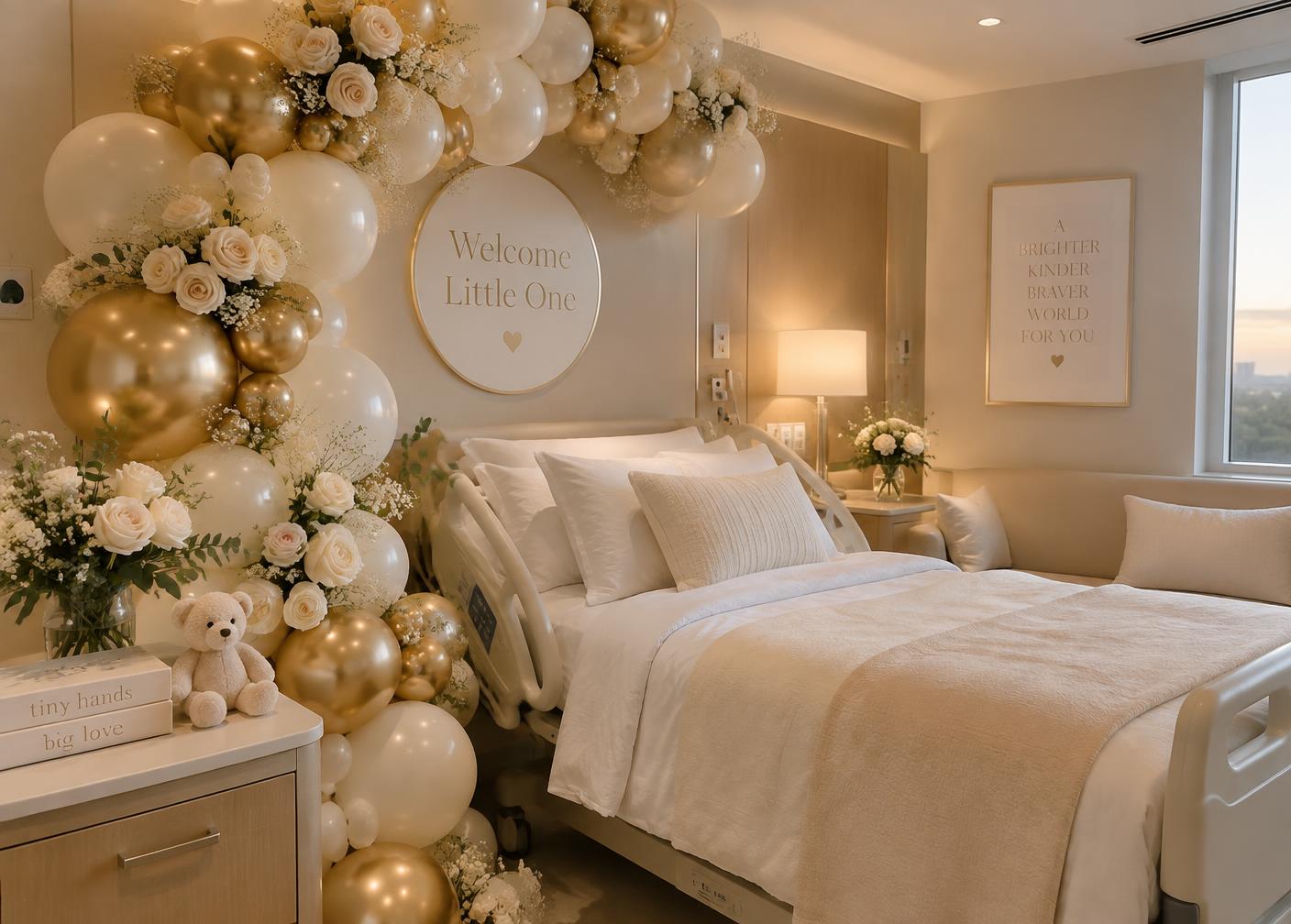 Hospital room styled in ivory and gold